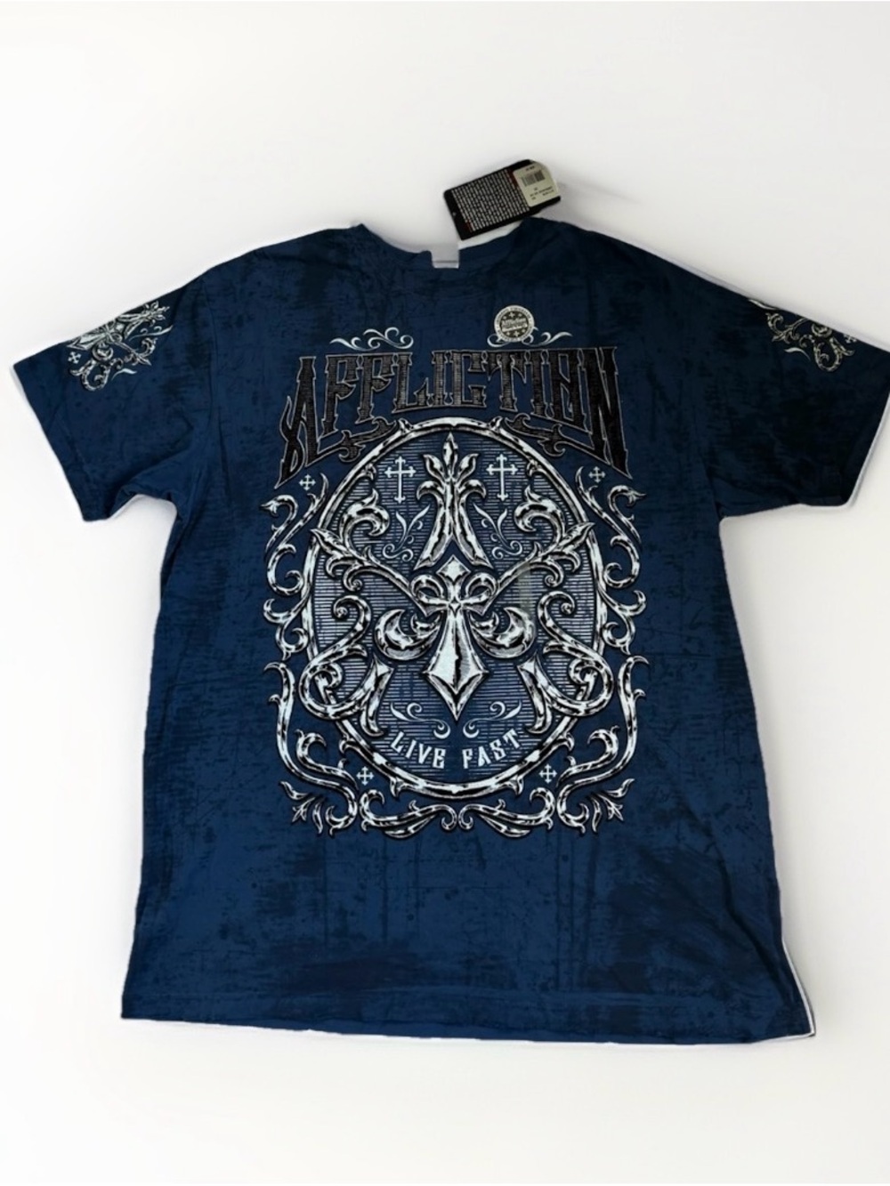 Affliction Abrasive Live Fast Reversible Tee Blue Distressed Graphic XXL NWT